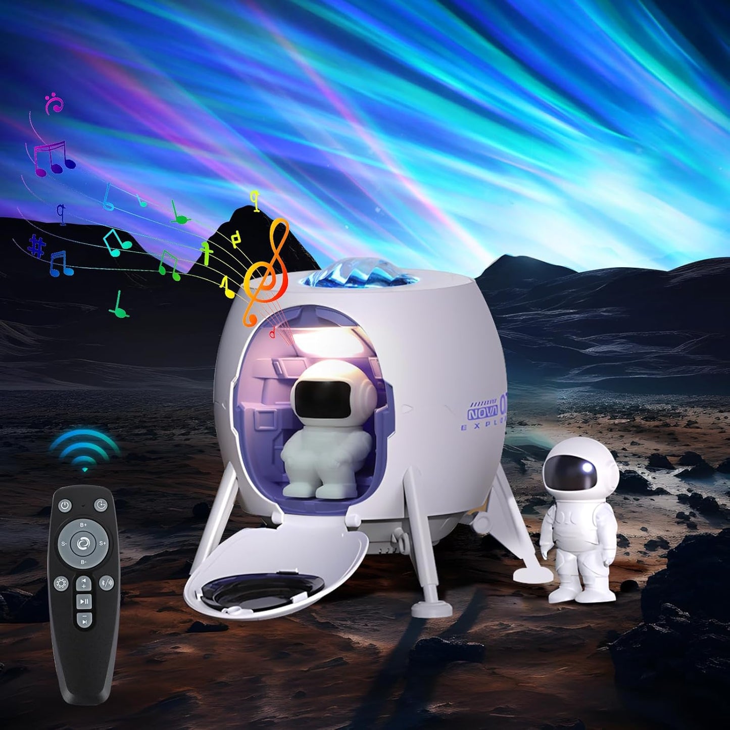 Proiector de stele astronaut cu functie lampa de veghe si difuzor Bluetooth, lumina de noapte cu sunete albe, telecomanda, temporizator, 5 niveluri luminozitate, multifunctional