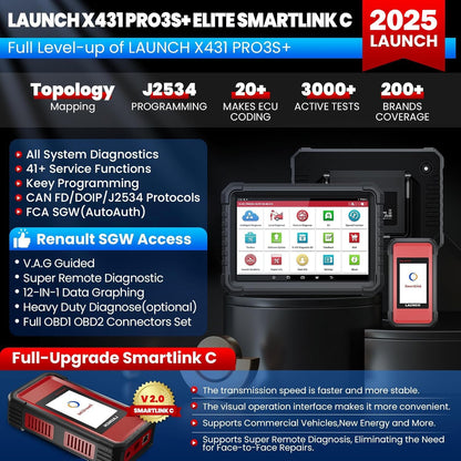 Tester auto profesional OBD2 cu codare ECU, control bidirectional, diagnoza la nivel OE, resetare 60+ sisteme, J2534, CANFD, DOIP, FCA SGW, cu Bluetooth, WiFi, acumulator 12600 mAh, 4GB RAM, 64GB ROM si touchscreen 10.1 inch, LAUNCH X431 PRO3S+ Elite