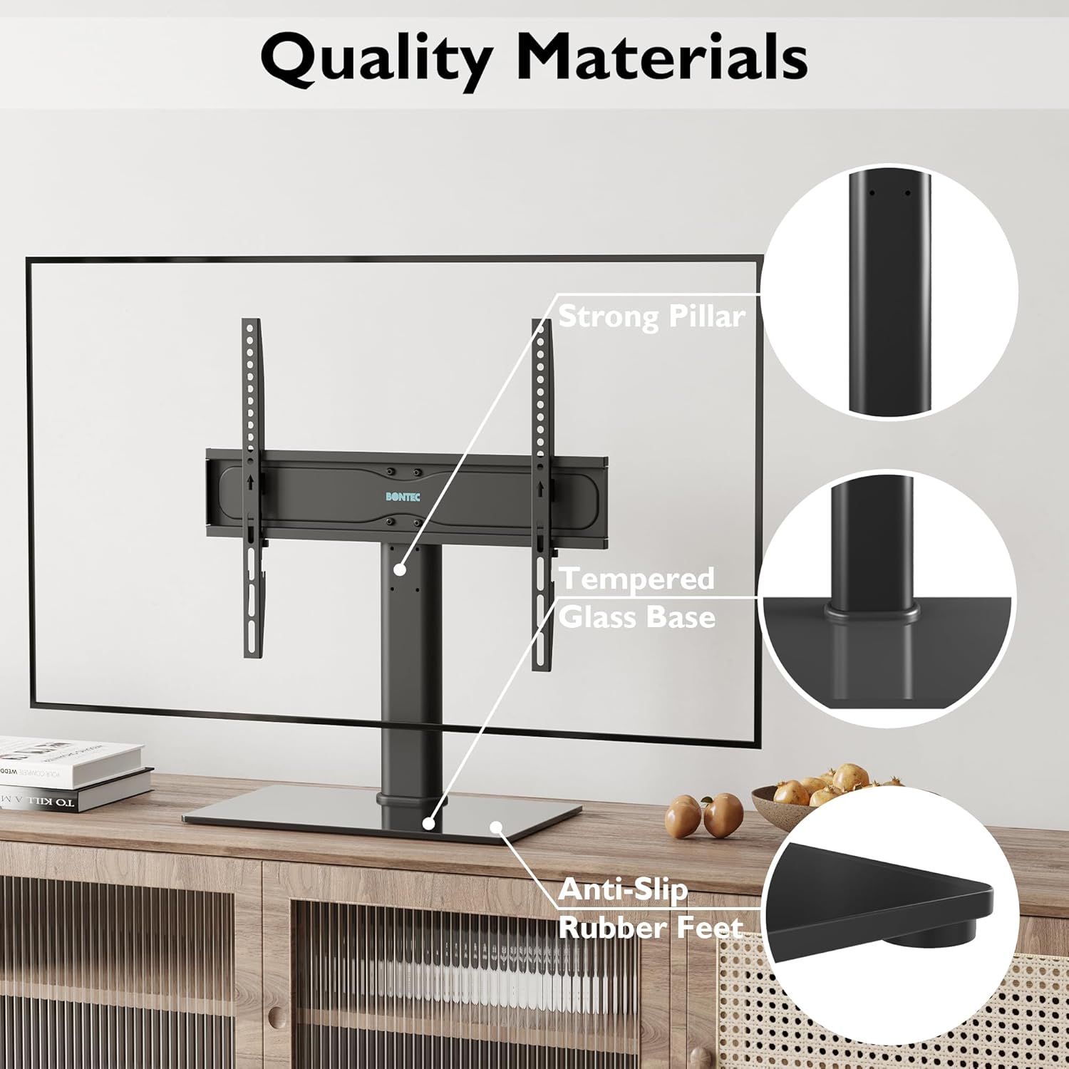 Suport TV cu stand de masa, pentru televizor 26-55 inch, suporta greutate pana la 40 kg, baza 400 x 260 mm din sticla, inaltime ajustabila, prinderi din otel, multifunctional