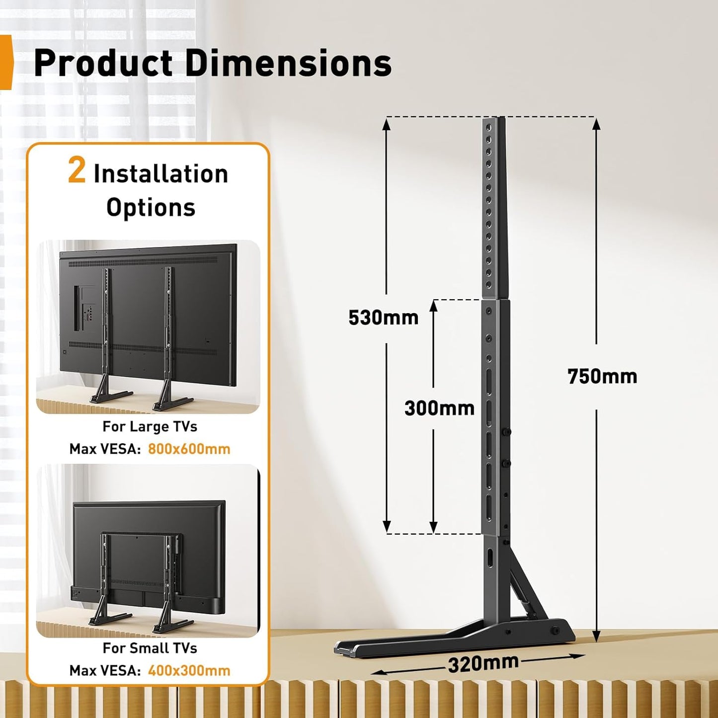 Suport TV de masa/birou, stand universal, diagonala 22-70 inch, pana la 50 kg, VESA de la 200 x 100 mm la 800 x 600 mm, picior TV cu inaltime reglabila si stabilitate ridicata