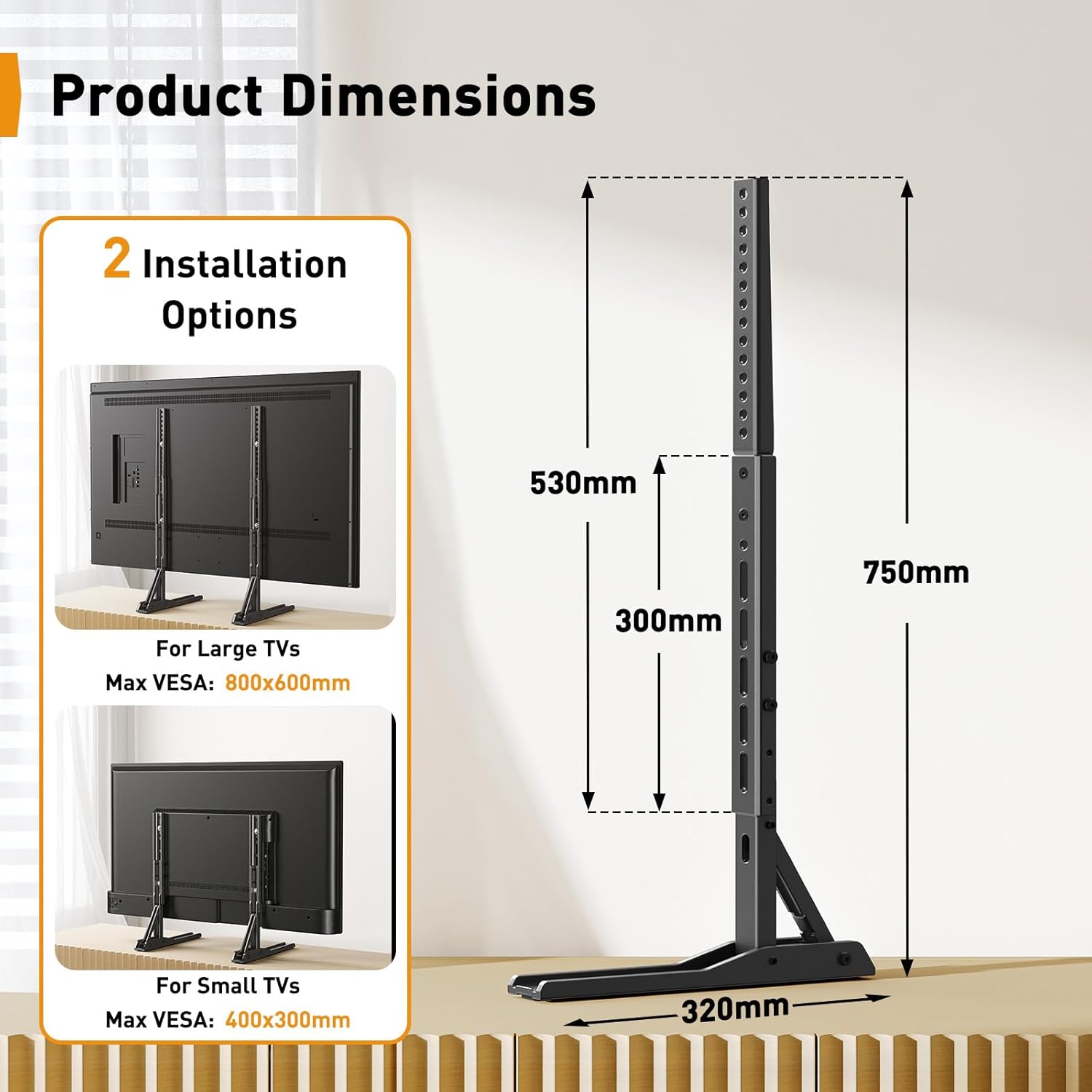 Suport TV de masa/birou, stand universal, diagonala 22-70 inch, pana la 50 kg, VESA de la 200 x 100 mm la 800 x 600 mm, picior TV cu inaltime reglabila si stabilitate ridicata