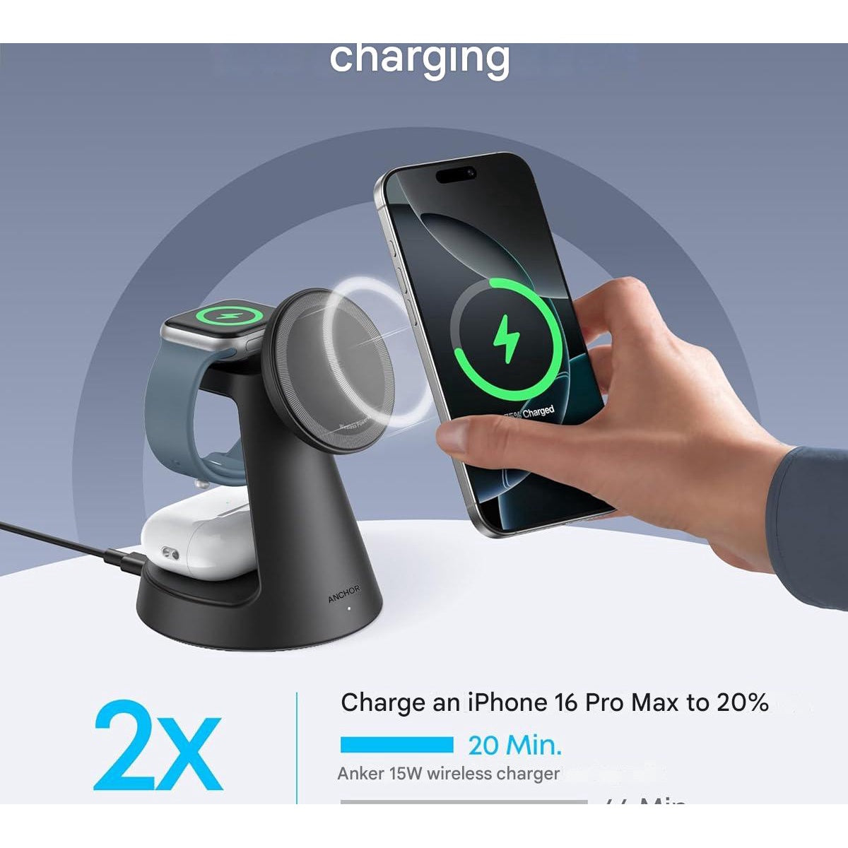 Incarcator wireless 3 in 1, QI2, incarcare rapida 15 W, prindere magnetica cu unghi ajustabil, compatibil iPhone 16/15/14/13/12, Apple Watch, AirPods Pro