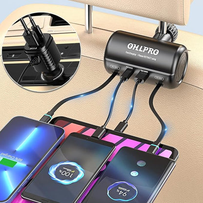 Incarcator auto 6 in 1 pentru tetiera, 110 W, retractabil, PD&Quick Charge 3.0, 6 porturi de incarcare, lumina LED albastra, adaptor incarcator auto compatibil cu iPhone 16/15/14/Pro, Samsung, Google, accesorii de calatorie
