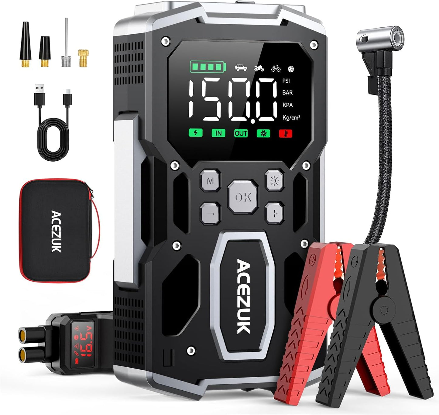 Starter auto portabil, Jump Starter 2 in 1 cu compresor aer, 6000 A, 26800 mAh, functie powerbank, 2 USB-a si 1 USB-C, display LCD, lanterna LED, multifunctional