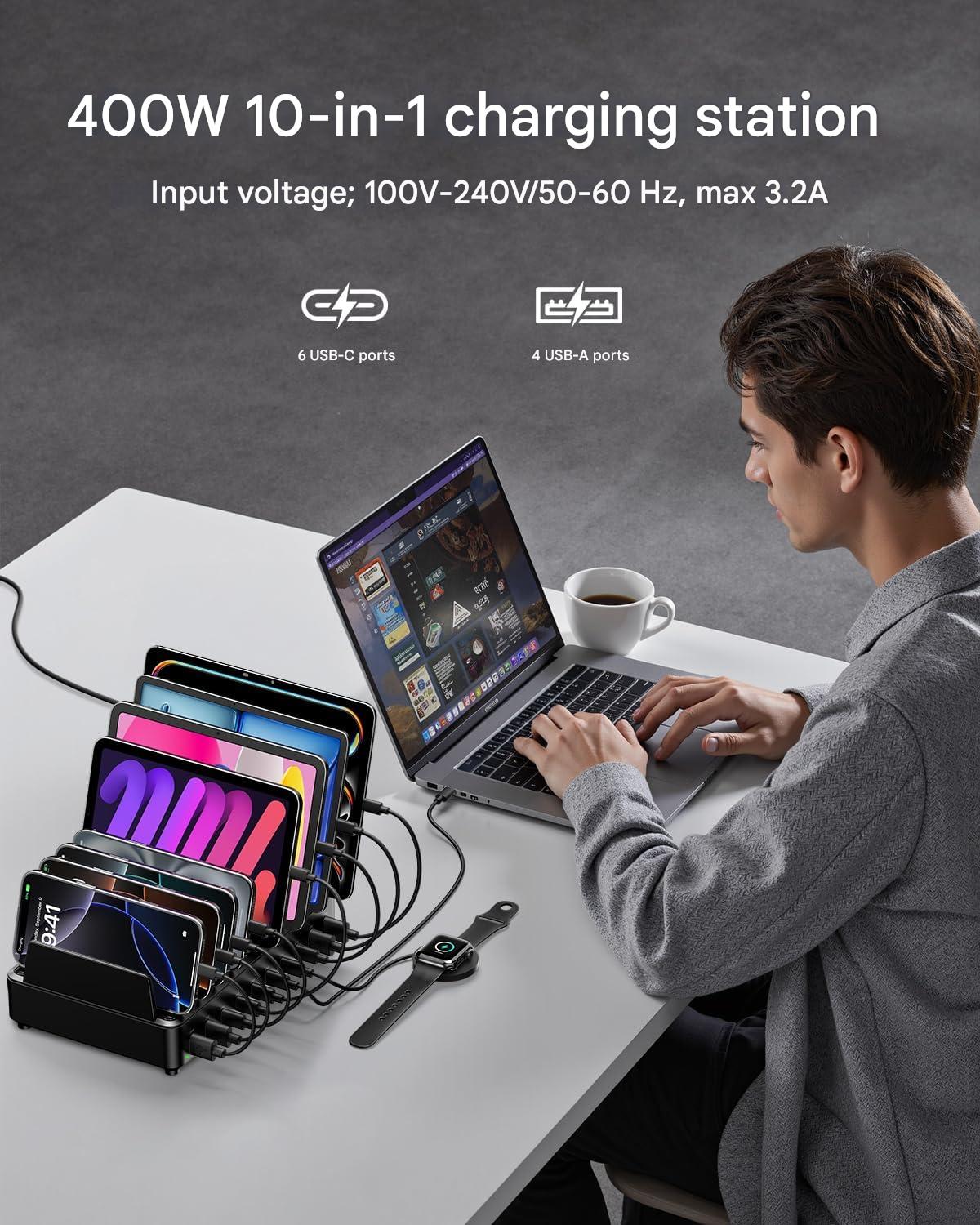 Statie de incarcare Rocoren 400 W cu 10 porturi USB, 100V-240V, 3,2 A – Incarcator rapid USB-C GaN PD100W pentru telefoane, laptopuri, MacBook Pro/Air, iPhone, iPad – Incarcare simultana rapida, protectie avansata la supratensiune si temperatura