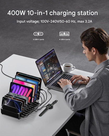 Statie de incarcare Rocoren 400 W cu 10 porturi USB, 100V-240V, 3,2 A – Incarcator rapid USB-C GaN PD100W pentru telefoane, laptopuri, MacBook Pro/Air, iPhone, iPad – Incarcare simultana rapida, protectie avansata la supratensiune si temperatura