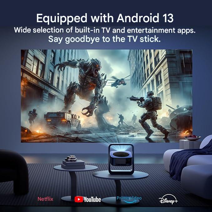 Vidoproiector portabil smart 4K, cu Android 13.0, WiFi 6, Bluetooth 5.2, rotativ la 270°, corectie E-Focus/trapezoidala, 25000 Lux, 1080P, cu USB 2.0, HDMI 2.1 si AUX 3, 5 mm, compatibil Smartphone, PC, Laptop, Tableta, PS5, pentru interior si exterior
