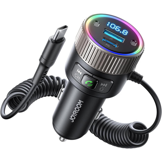 Modulator FM cu Bluetooth 5.4, apeluri Hands‑Free si dual microfon, incarcare rapida 60W (PD 30W + USB‑C 30W), Redare U‑Disk, LED multicolor, negru