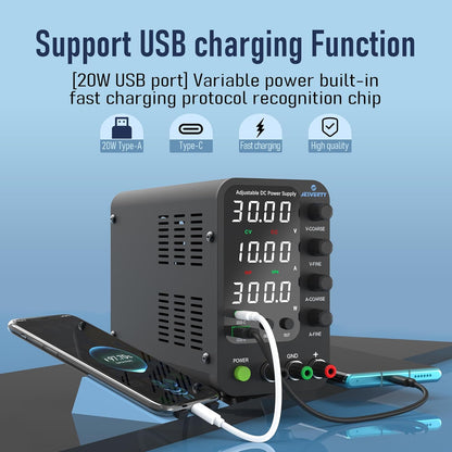 Sursa de alimentare de laborator 32 V, 10 A, CC, cu reglaj fin si grosier prin codificator, USB-C si USB-A 20 W, protectie supracurent OCP, ventilator de racire, intrare AC115V/230V, Jesverty