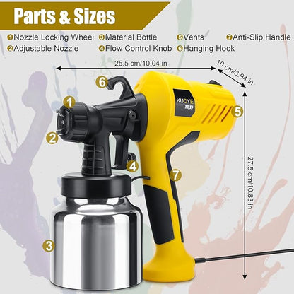 Pistol de vopsit electric 400 W, cu 4 duze de cupru 0,8/ 1,0/ 1,5/ 2,5 mm, recipient 800 ml din aluminiu, detasabil, perie si ac de curatare, pulverizator de vopsea cu supapa reglabila, model pulverizare rotund, orizontal sau vertical