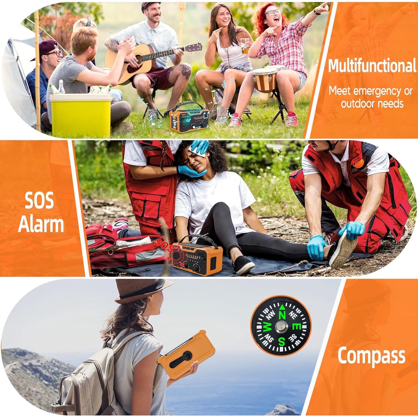 Radio portabil de urgenta cu manivela, 30.000 mAh, cu Bluetooth, panou solar, functie powerbank, lanterna si lumina de noapte, busola, alarma SOS, portocaliu
