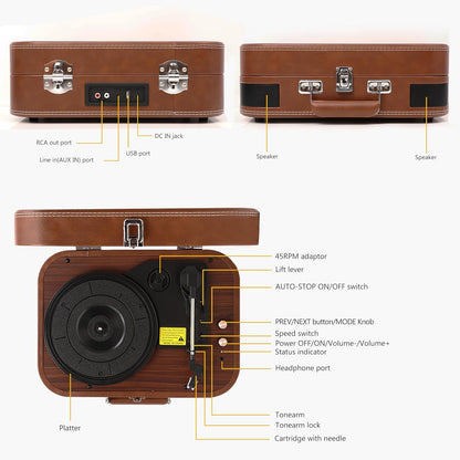 Pick-up Bluetooth 5.4, 3 viteze 33/45/78 rpm, AUX, USB, 2 difuzoare stereo incorporate, pentru vinyl 7/10/12 inch, functie inregistrare, design tip servieta, maro