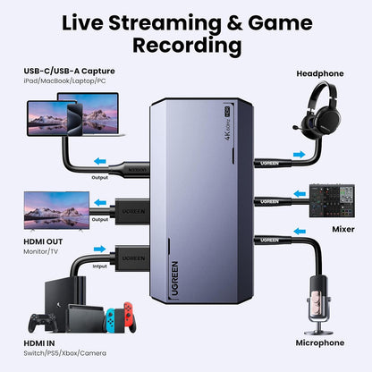 Placa de captura video HDMI 4K@60Hz, video grabber cu iesire in bucla, Output HDMI si USB-C, HDR si VRR, 3 x Jack 3.5 mm, plug & play, compatibil PC, MacBook, smartphone, iPad, laptop, consola, camera