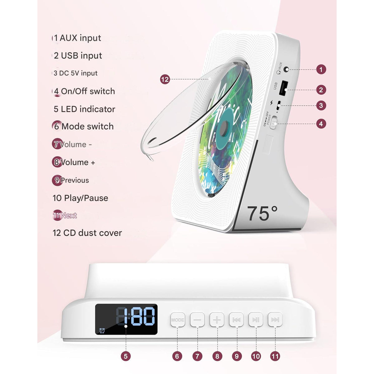 CD Player portabil premium Greadio cu Bluetooth 5.0 bidirectional, difuzoare HiFi stereo, telecomanda, display LED, radio FM, suport CD/MP3/USB/AUX, jack casti, design elegant anti-praf, functie sleep timer, alb