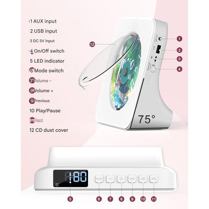CD Player portabil premium Greadio cu Bluetooth 5.0 bidirectional, difuzoare HiFi stereo, telecomanda, display LED, radio FM, suport CD/MP3/USB/AUX, jack casti, design elegant anti-praf, functie sleep timer, alb