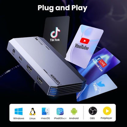 Placa de captura video HDMI 4K@60Hz, video grabber cu iesire in bucla, Output HDMI si USB-C, HDR si VRR, 3 x Jack 3.5 mm, plug & play, compatibil PC, MacBook, smartphone, iPad, laptop, consola, camera