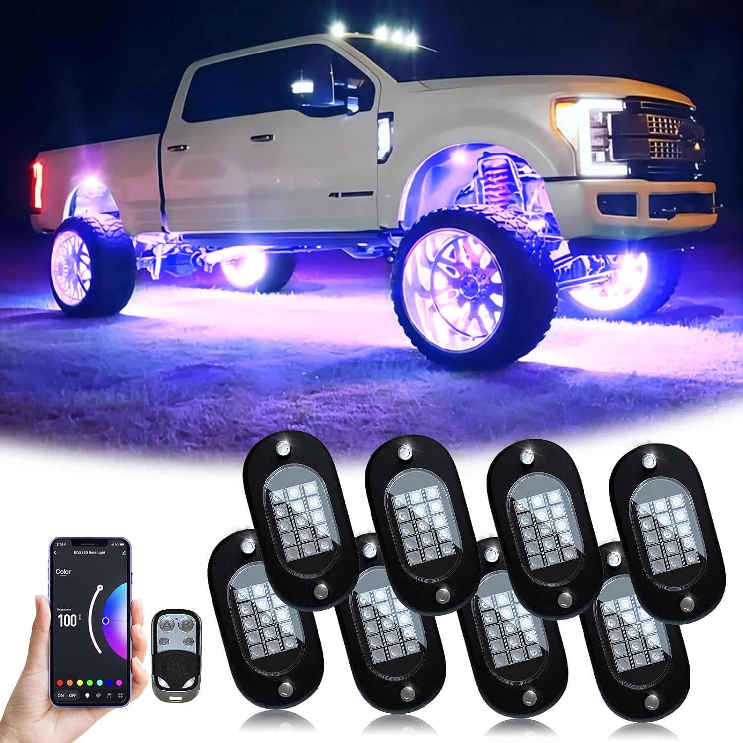 Set 8 lumini ambientale auto LED RGB, control prin aplicatie si telecomanda, sincronizare muzica, aprindere la franare, impermeabile IP68, pentru SUV offroad, camioneta, ATV, motocicleta, carenaj auto