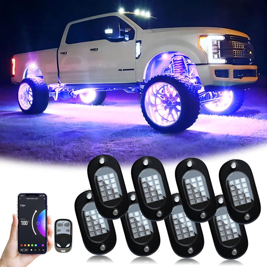 Set 8 lumini ambientale auto LED RGB, control prin aplicatie si telecomanda, sincronizare muzica, aprindere la franare, impermeabile IP68, pentru SUV offroad, camioneta, ATV, motocicleta, carenaj auto