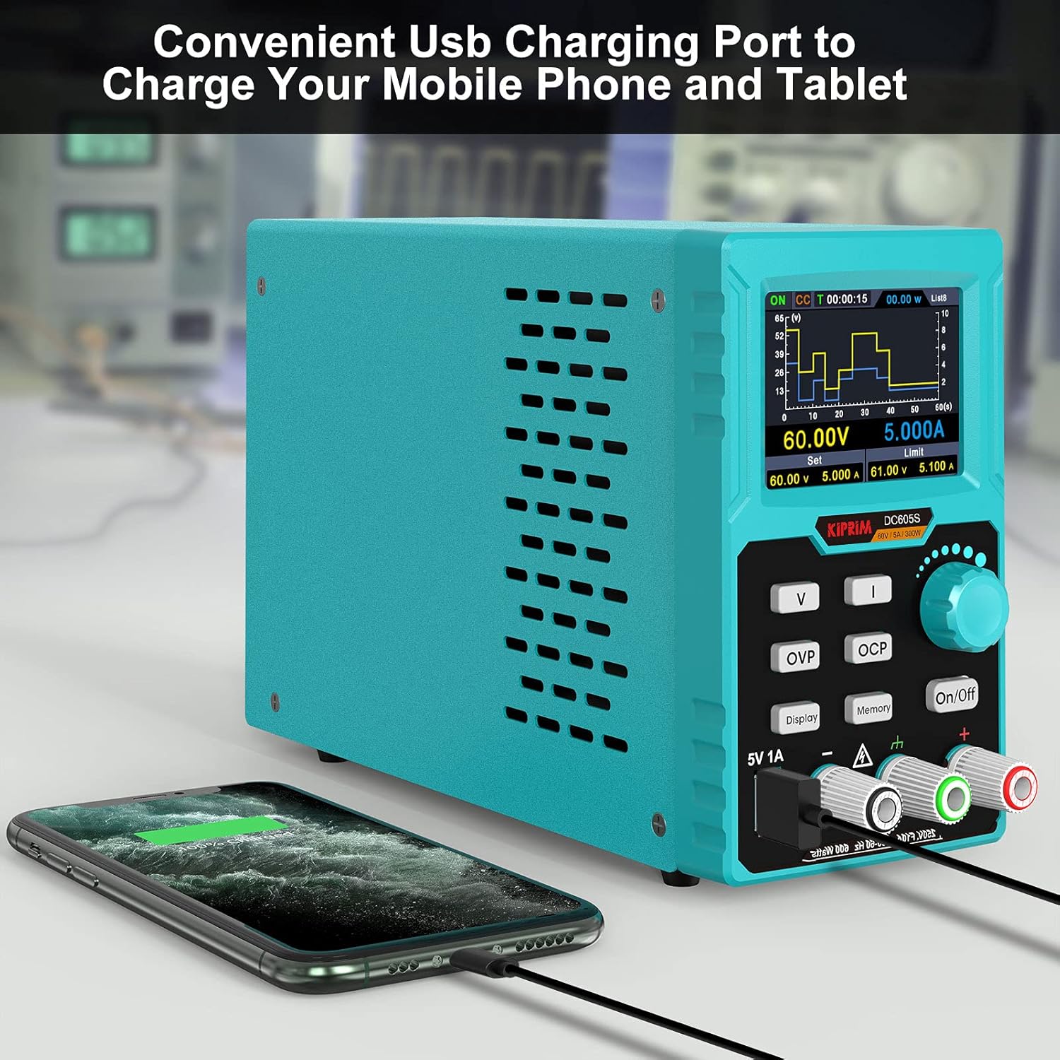 Sursa de alimentare de laborator 0-60 V, 0-5 A programabila, cu afisaj LED, interfata USB pentru control, ventilator racire, port incarcare 5V, functie protectie supracurent (OCP), protectie supratensiune (OVP), multifunctionala
