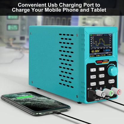 Sursa de alimentare de laborator 0-60 V, 0-5 A programabila, cu afisaj LED, interfata USB pentru control, ventilator racire, port incarcare 5V, functie protectie supracurent (OCP), protectie supratensiune (OVP), multifunctionala