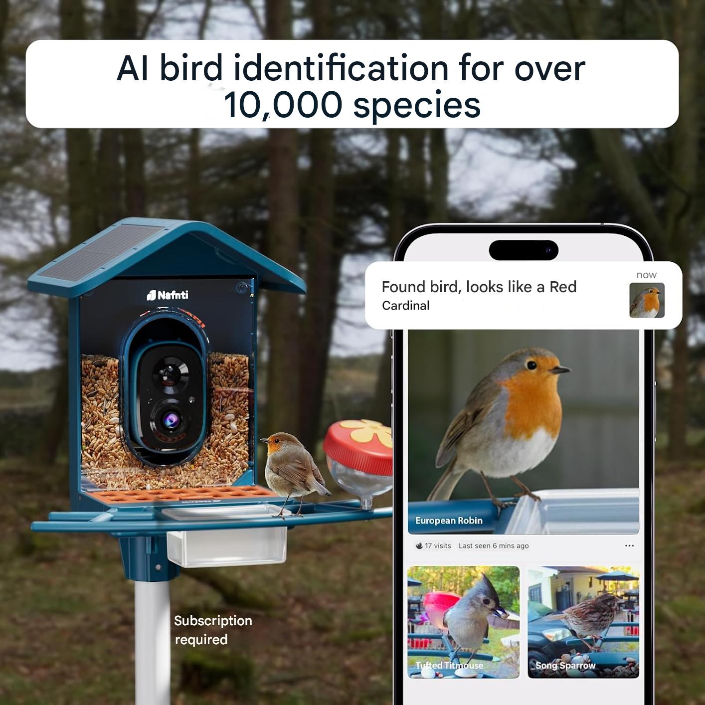 Hranitoare inteligenta pentru pasari cu camera, identificarea pasarilor, 2,4 GHz/5 GHz, alimentata cu energie solara, notificari instantanee, camera cu vizualizare live 2K pentru hranirea pasarilor