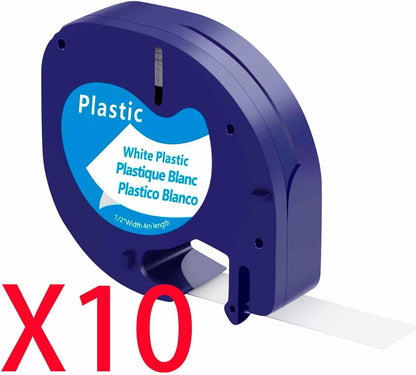Set 10 benzi etichete plastic alb 12 mm x 4 m, compatibil Dymo Letratag LT-100H, LT-100T, 200B, XR si XM, durabile, usor de utilizat