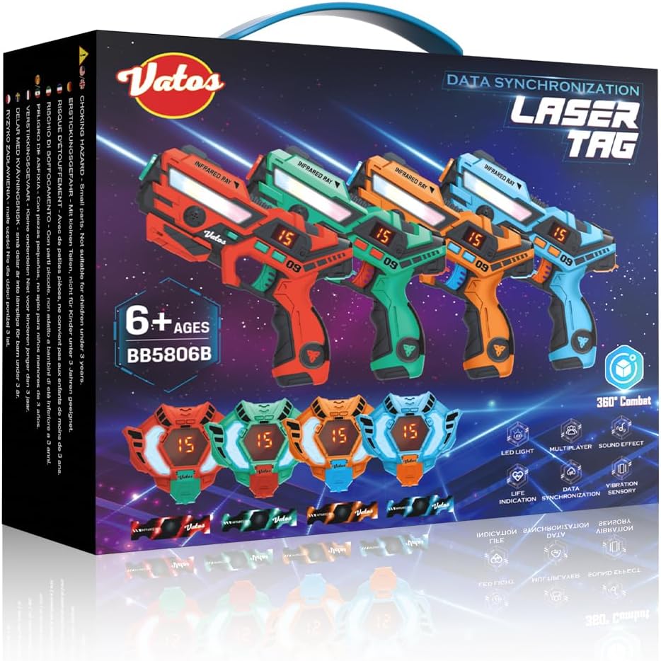Set pistol Laser Tag VATOS, 4 arme cu infrarosu 2.4GHz + 4 veste cu senzori 360°, display LCD, 4 moduri de tragere, reincarcabil USB, sincronizare automata, raza 40m, joc interactiv pentru copii si familie