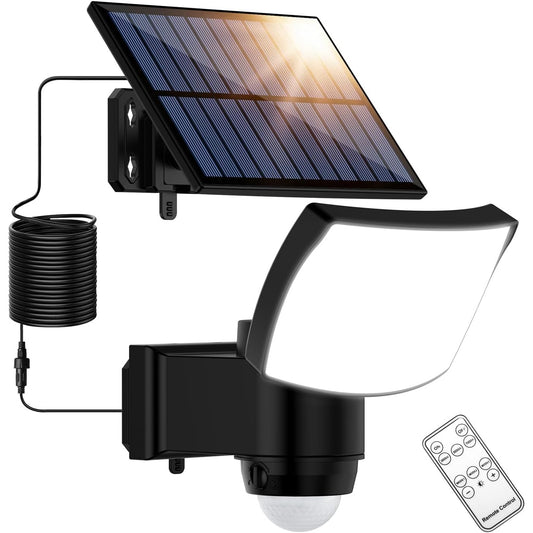 Lampa solara cu telecomanda si senzor de miscare, impermeabila IP65, 3 temperaturi culoare, 3000/5000/7000K, unghi iluminare 120°, cablu de 5 m, pentru garaj, gradina, curte