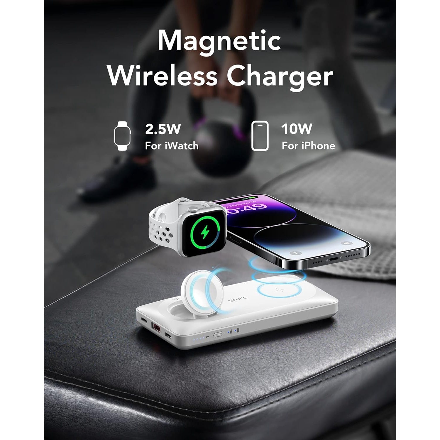 Baterie externa wireless, Powerbank magnetic de 10000 mAh, 3 in 1, pentru smartwatch si telefon mobil, incarcare rapida 20W, compatibil iPhone, Apple Watch, Samsung, alb
