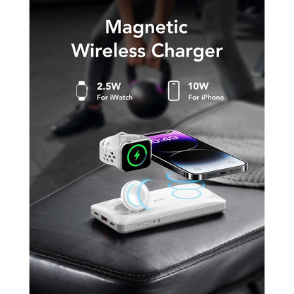 Baterie externa wireless, Powerbank magnetic de 10000 mAh, 3 in 1, pentru smartwatch si telefon mobil, incarcare rapida 20W, compatibil iPhone, Apple Watch, Samsung, alb