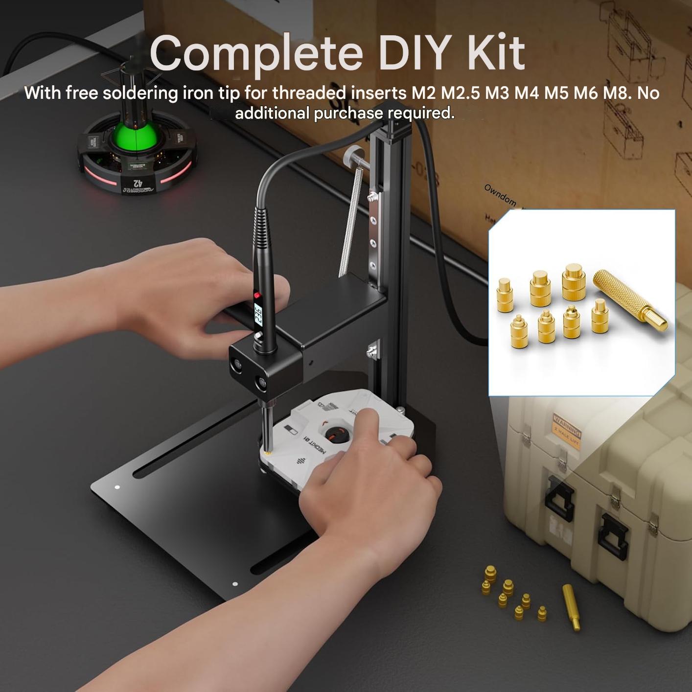 Instrument de insertie termica DACKZZM pentru insertii filetate, set 8 capete M2-M8, suport vertical 90°, compatibil imprimare 3D, aluminiu, reglabil, negru