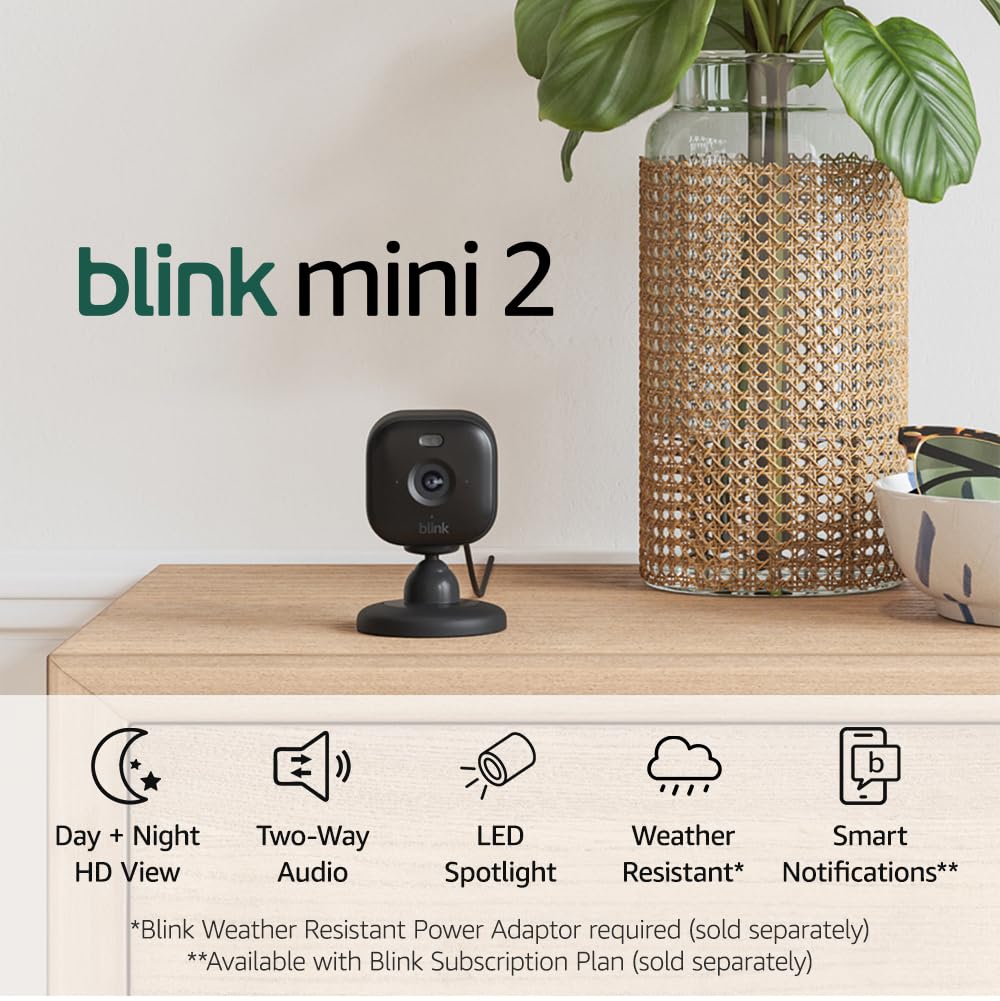 Noul Blink Mini 2 – Camera smart de supraveghere HD color cu vedere nocturna, reflector, microfon bidirectional si detectie miscare, compatibila Alexa (Negru)