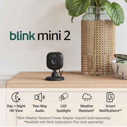 Noul Blink Mini 2 – Camera smart de supraveghere HD color cu vedere nocturna, reflector, microfon bidirectional si detectie miscare, compatibila Alexa (Negru)