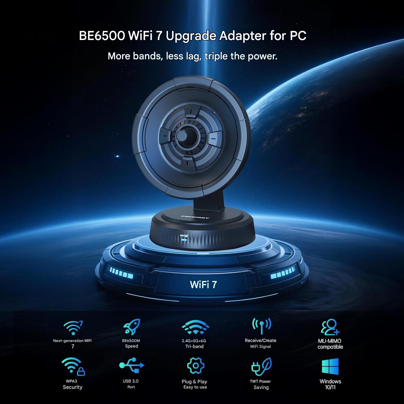 Adaptor USB WiFi 7 COMFAST BE6500, AX BE6500 Tri-Band 6500Mbps, USB 3.0, antena externa 6dBi, 6GHz + 5GHz + 2.4GHz, MU-MIMO, OFDMA, WPA3, pentru Desktop si Laptop cu Windows 10/11