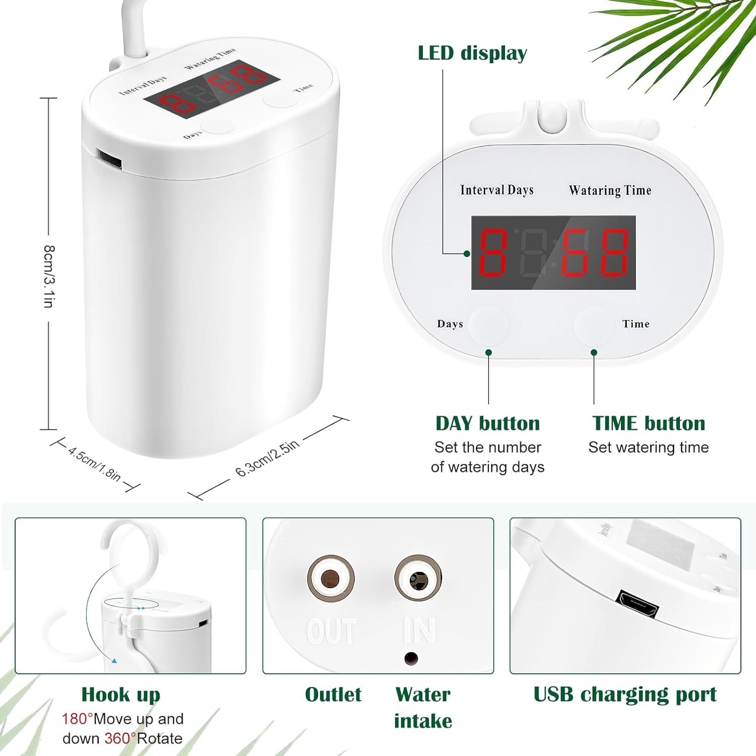 Sistem de irigare prin picurare pentru plante in ghiveci, cu acumulator 2000 mAh reincarcabil USB, furtun de 2m, 16 picuratoare, display LED, alb