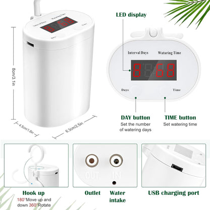 Sistem de irigare prin picurare pentru plante in ghiveci, cu acumulator 2000 mAh reincarcabil USB, furtun de 2m, 16 picuratoare, display LED, alb