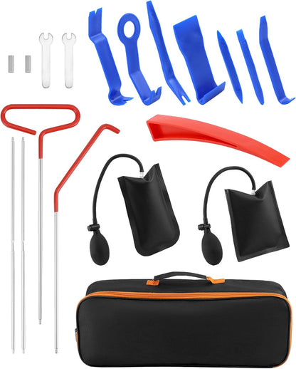 Kit de deblocare portiera auto 17 piese cu perne de aer, tije cu prelungire, scule demontare interior auto, profesionale, cu geanta de depozitare si transport