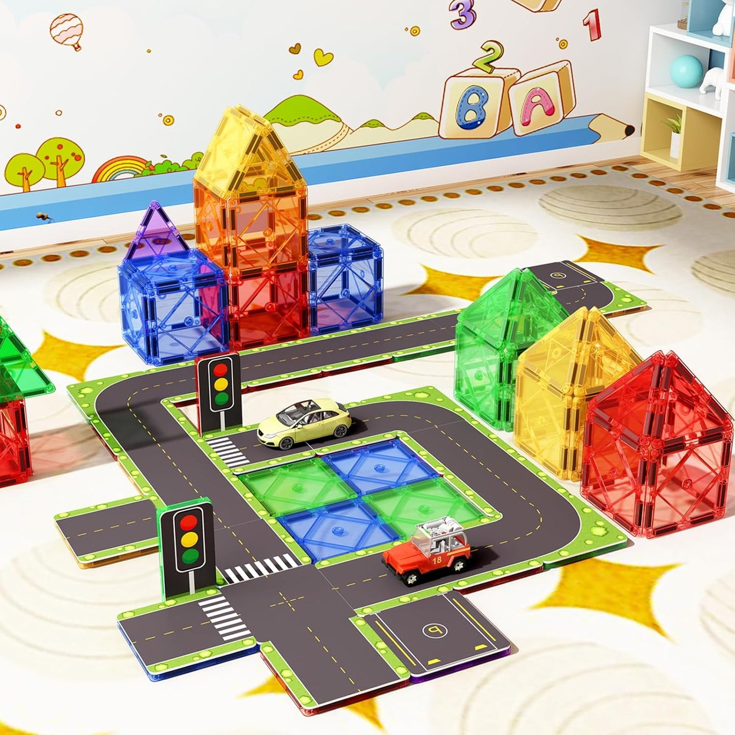 Set de constructie magnetic 3D, Road Toppers, 56 piese, Magnetic Tiles, jucarie educativa si creativa, multicolora, compatibil cu alte seturi 3D, pentru copii +3 ani