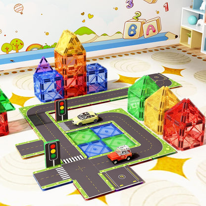 Set de constructie magnetic 3D, Road Toppers, 56 piese, Magnetic Tiles, jucarie educativa si creativa, multicolora, compatibil cu alte seturi 3D, pentru copii +3 ani