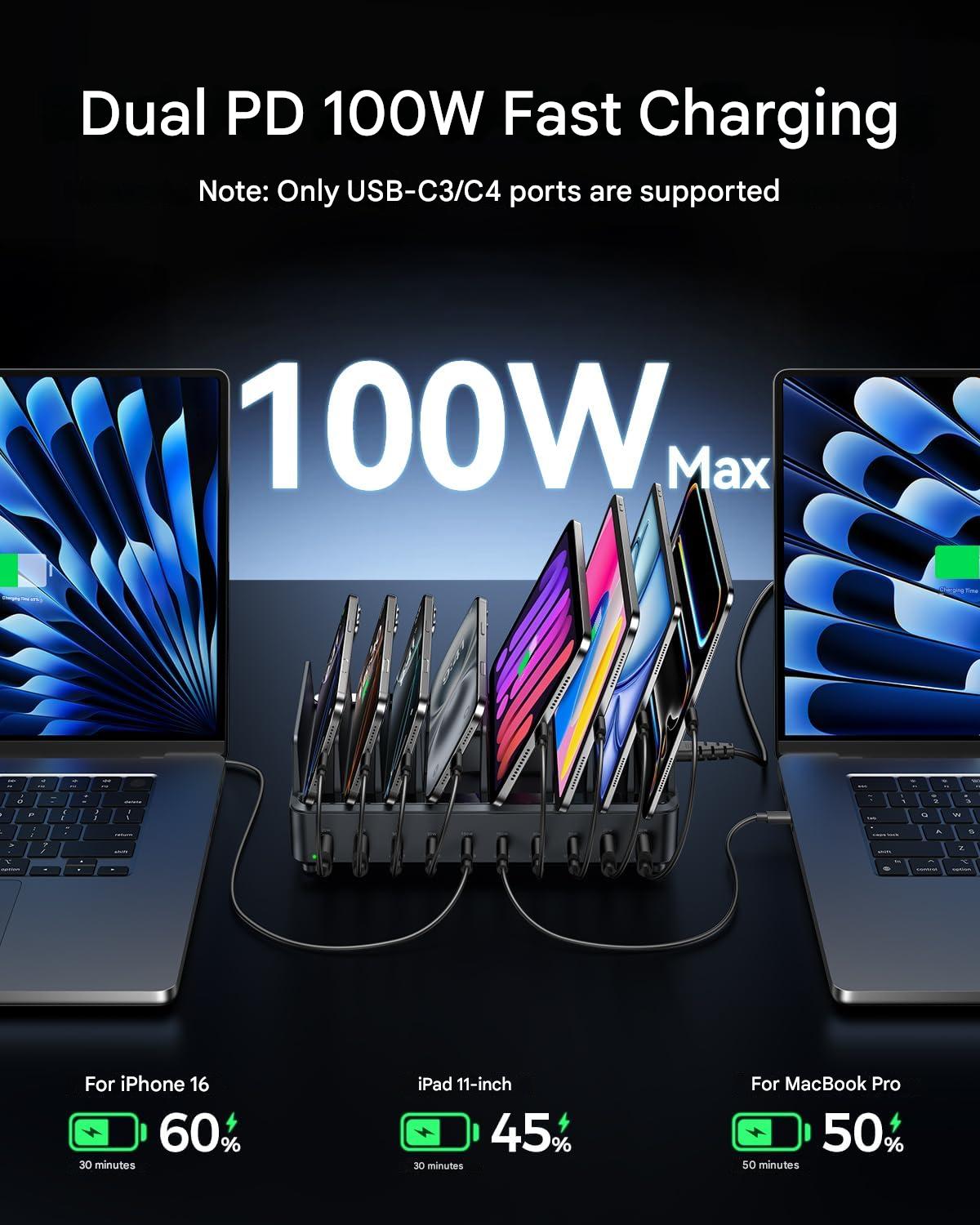 Statie de incarcare Rocoren 400 W cu 10 porturi USB, 100V-240V, 3,2 A – Incarcator rapid USB-C GaN PD100W pentru telefoane, laptopuri, MacBook Pro/Air, iPhone, iPad – Incarcare simultana rapida, protectie avansata la supratensiune si temperatura