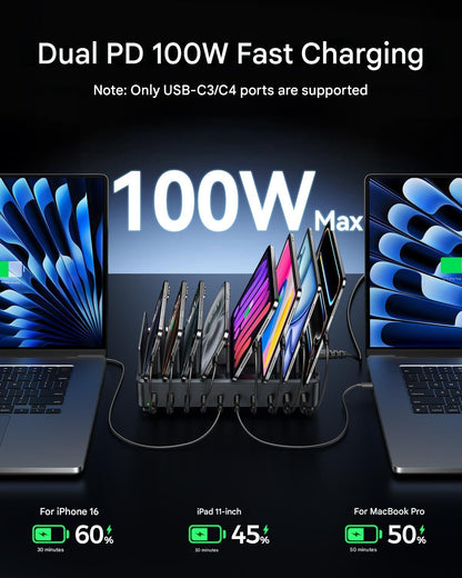 Statie de incarcare Rocoren 400 W cu 10 porturi USB, 100V-240V, 3,2 A – Incarcator rapid USB-C GaN PD100W pentru telefoane, laptopuri, MacBook Pro/Air, iPhone, iPad – Incarcare simultana rapida, protectie avansata la supratensiune si temperatura
