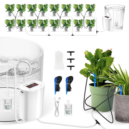 Sistem de irigare prin picurare pentru plante in ghiveci, cu acumulator 2000 mAh reincarcabil USB, furtun de 2m, 16 picuratoare, display LED, alb
