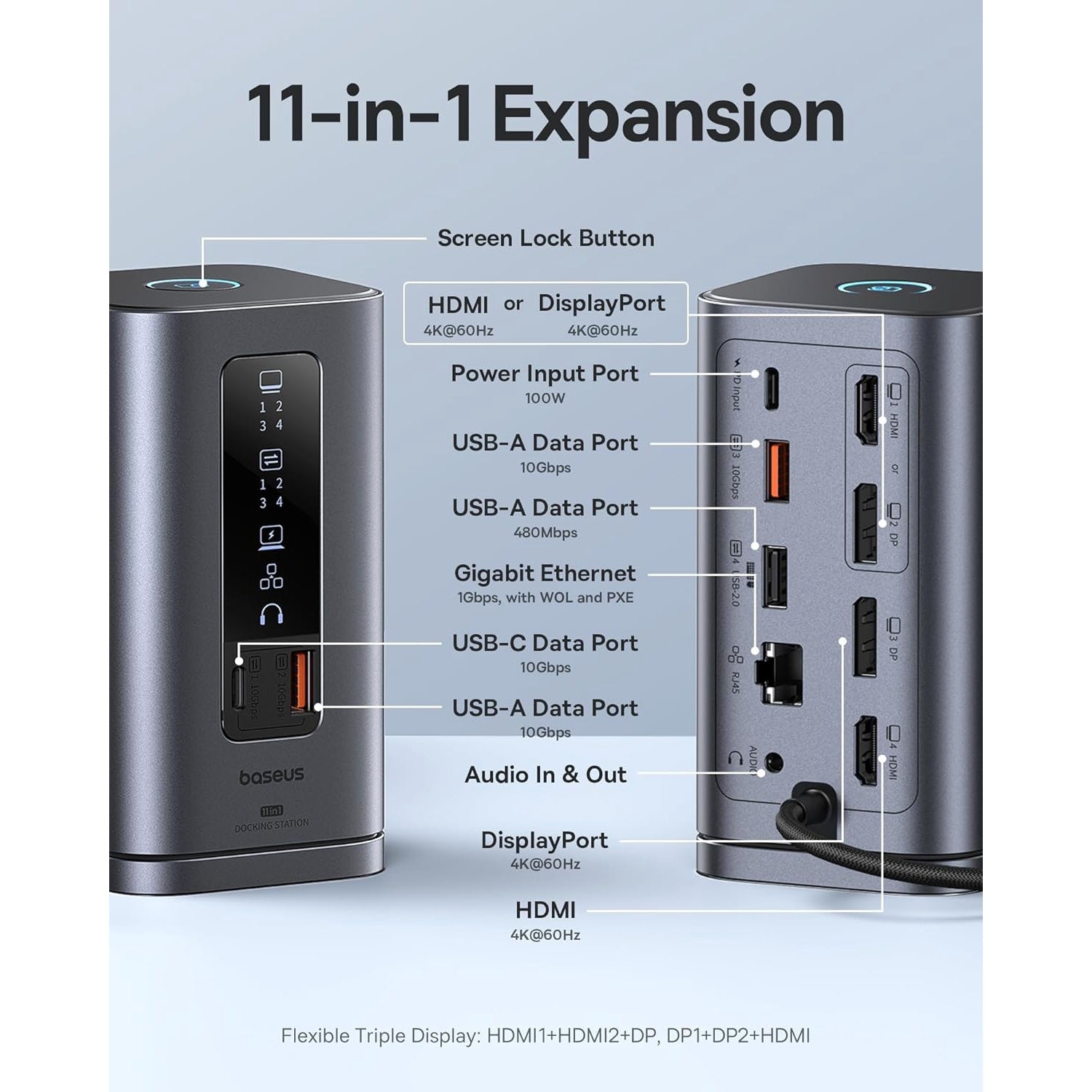 Statie de andocare 11 in 1, extindere la 3 monitoare, cu buton blocare ecran, 2 x HDMI, 2 x DisplayPort 4K @ 60Hz, 3 x USB-A, 3 x USB-C, 1 x Ethernet RJ-45 1GBPS, 1 x AUX, cu baza magnetica, multifunctional