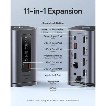 Statie de andocare 11 in 1, extindere la 3 monitoare, cu buton blocare ecran, 2 x HDMI, 2 x DisplayPort 4K @ 60Hz, 3 x USB-A, 3 x USB-C, 1 x Ethernet RJ-45 1GBPS, 1 x AUX, cu baza magnetica, multifunctional