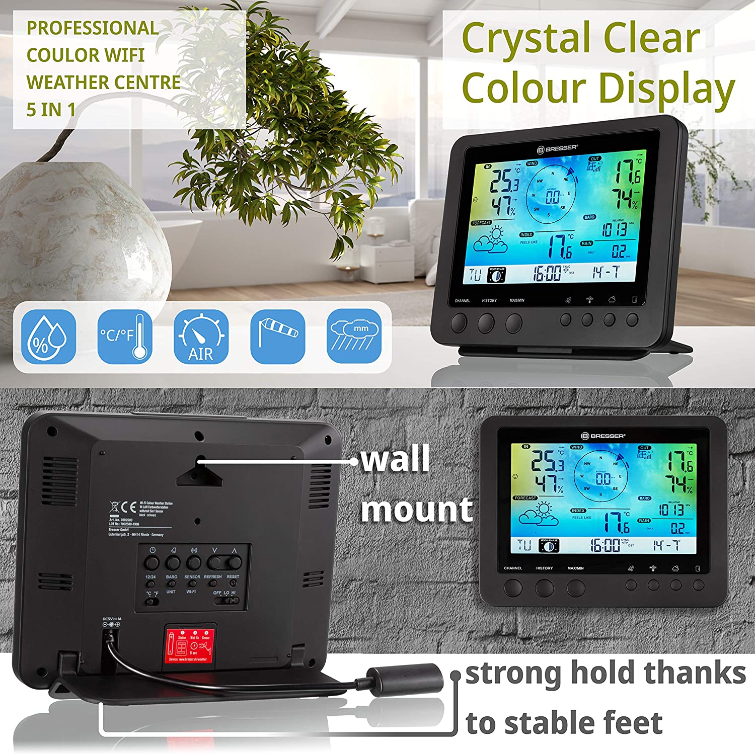 Statie meteo Bresser 5 in 1, cu afisaj color, conexiune WiFi, cu senzor profesional, afisare tendinte meteo