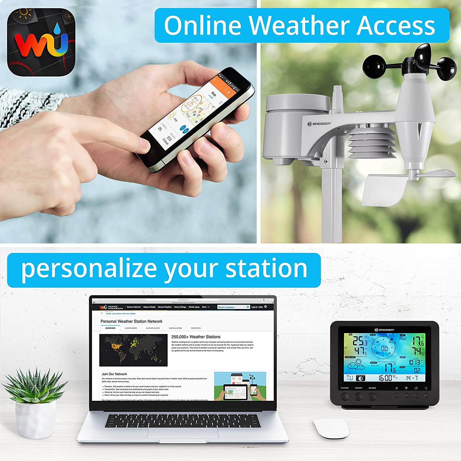 Statie meteo Bresser 5 in 1, cu afisaj color, conexiune WiFi, cu senzor profesional, afisare tendinte meteo