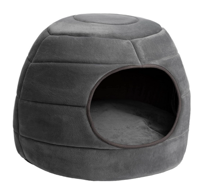 Patut caini si pisici 2 in 1, culcus pliabil pentru animale de companie mici, forma casuta si pat, din bumbac si tesatura de catifea, gri inchis