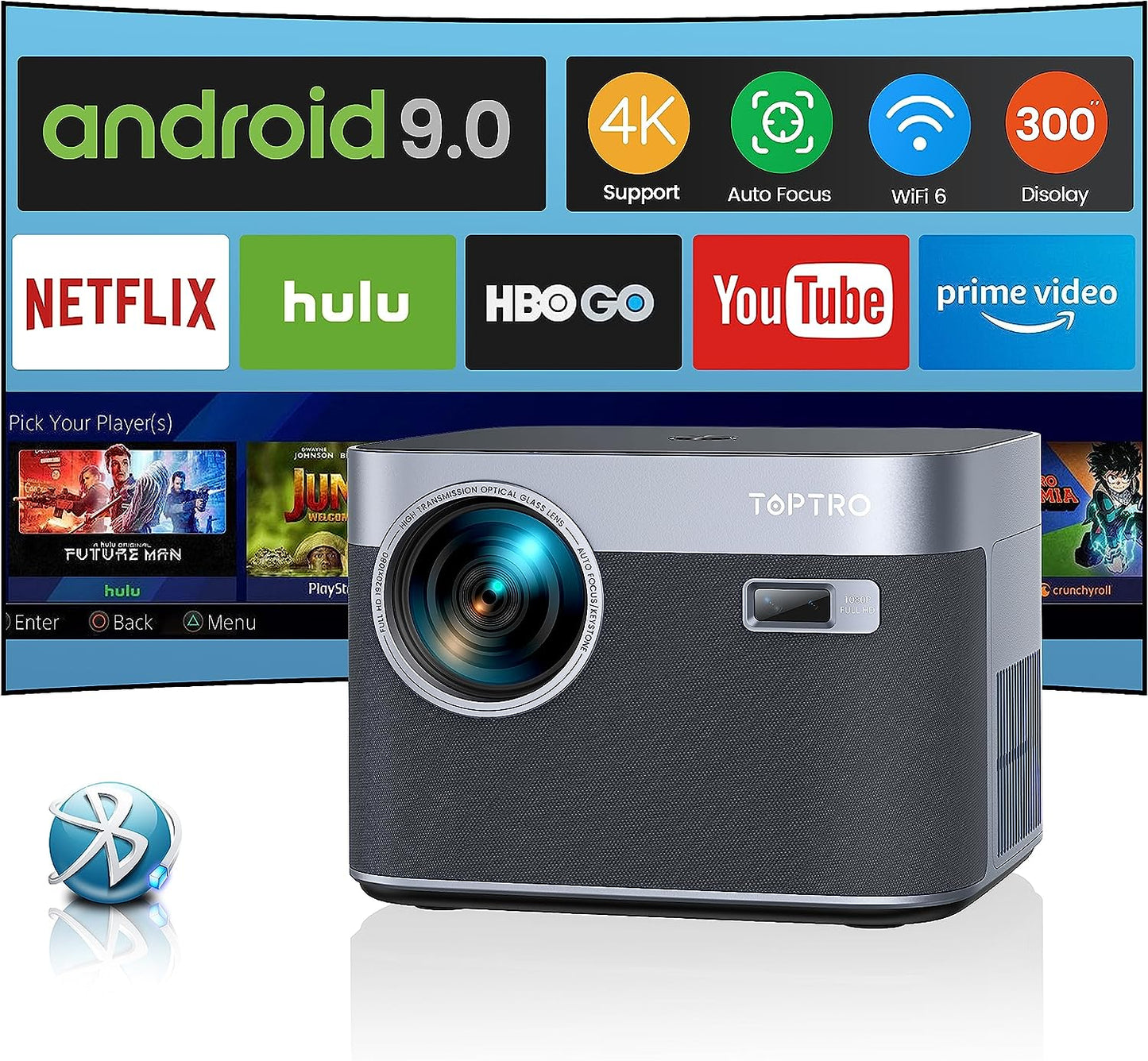 Videoproiector TOPTRO X7 600 ANSI Lumeni cu Focalizare automata/Correctie trapezoidala, Full HD 1080P WiFi6 Bluetooth 4K Suport LED Afisaj de 300 inchi, Home Cinema Android 9.0