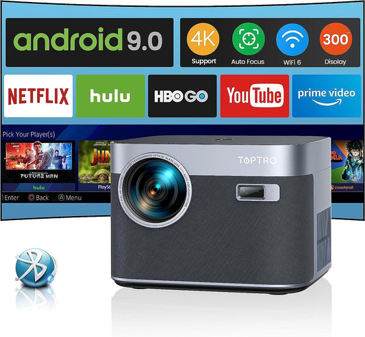 Videoproiector TOPTRO X7 600 ANSI Lumeni cu Focalizare automata/Correctie trapezoidala, Full HD 1080P WiFi6 Bluetooth 4K Suport LED Afisaj de 300 inchi, Home Cinema Android 9.0