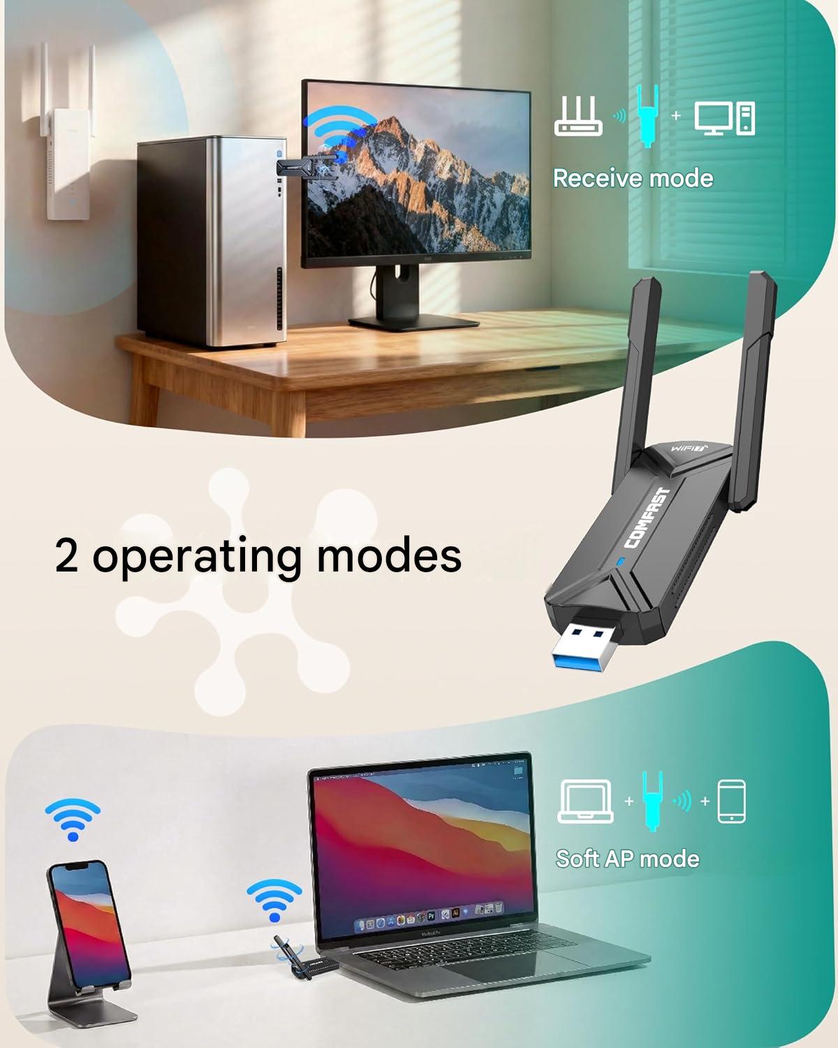 Stick WLAN USB COMFAST CF-983BE-1 WiFi 7, adaptor Wireless BE6500, viteza pana la 6500 Mbps, Tri-Band 2.4GHz/5GHz/6GHz, interfata USB, compatibil Windows 10/11, pentru Laptop si Desktop PC, negru